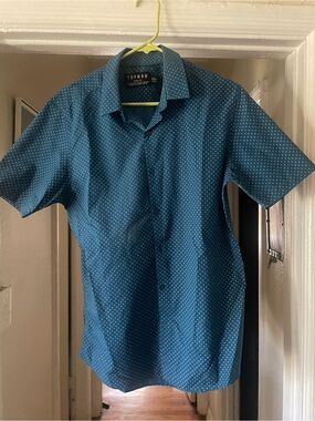 Topman Teal Blue Short Sleeve Dot Print Button-Down Shirt
